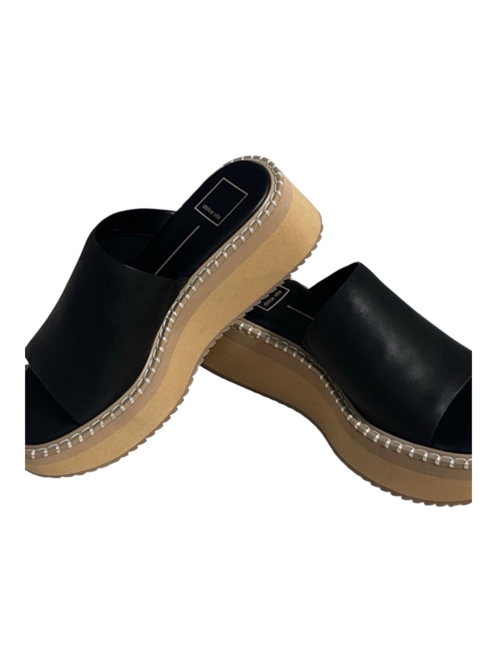 Dolce Vita Black & Tan Leather Chunky Platform Sandals Wedge Slide Size 8